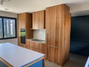 Blue and Timber Kitchen with Grey Benchtops - MD Kitchens - MD Kitchens Blue and Timber Kitchen with Grey Benchtops Ocean Grove